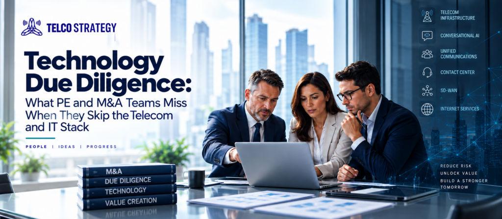 Business professionals reviewing technology due diligence for a telecom and IT stack
